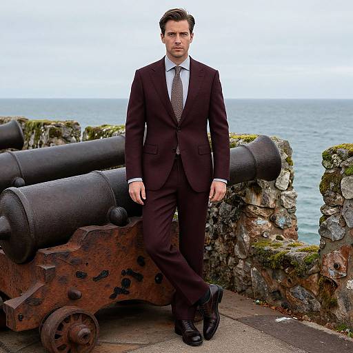 Photograph of a handsome man in a dark brown suit and tie, standing confidently by old cannons on a stone wall overlooking the ocean.