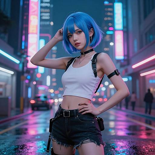 Cyberpunk-style photograph of an Asian woman with blue bob hair, wearing a white crop top, black shorts, and choker, standing in a