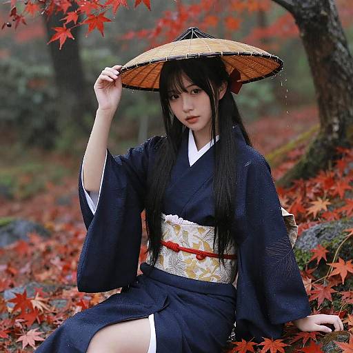 Serene Asian Woman in Autumn Kimono