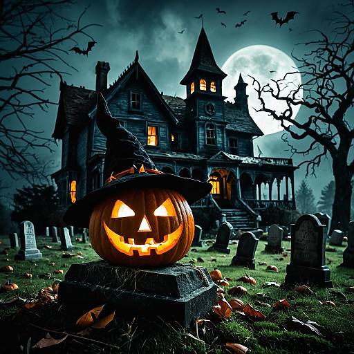 Jack-o'-lantern with Witch Hat in Haunted Graveyard
