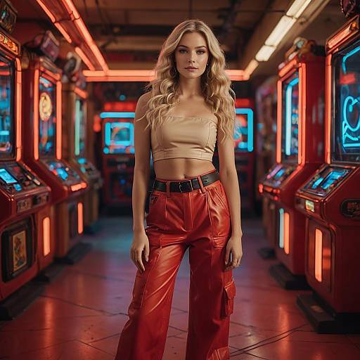 Stylish Blonde in Neon Arcade Fashion