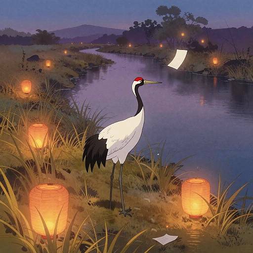 Red-Crowned Crane by Riverbank with Lanterns