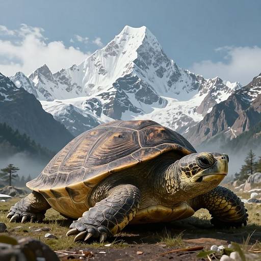 Photorealistic CGI: Giant tortoise with textured shell in foreground, snowy mountain peaks in background, clear sky, and scattered pine trees.