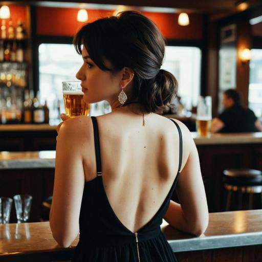 Woman in Black Dress Drinking Beer at Bar