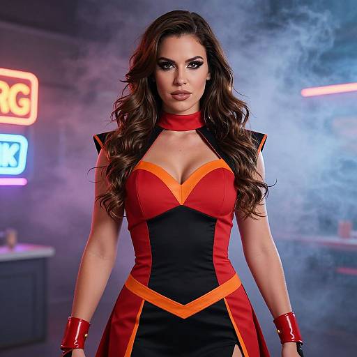Photograph of a woman with long brown hair, wearing a red and black superhero costume with orange accents, standing confidently in a smoky, neon-l