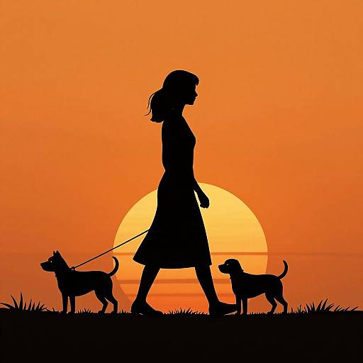 Silhouetted woman in a dress walking two dogs at sunset, with a large, glowing orange sun behind them. Digital art.