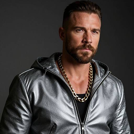 Rugged Man in Silver Jacket and Gold Chain