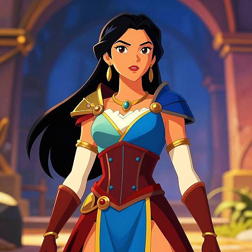 Digital anime-style drawing of a confident woman with long black hair, wearing a blue and red armored dress, gold shoulder armor, and earrings, standing in