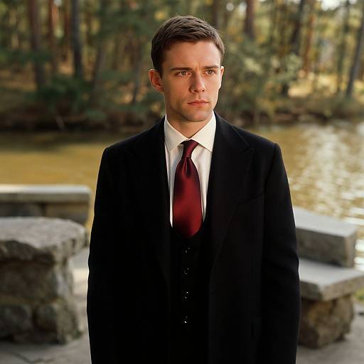 Photograph of a young Caucasian man with short brown hair, wearing a black suit, white shirt, and red tie, standing by a forested pond