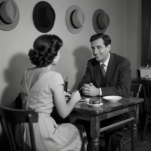 Black-and-White Couple at Cluttered Table