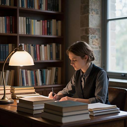 Photograph of a focused woman with brown hair in a bun, wearing a dark vest over a white shirt, writing in a book under a warm lamp