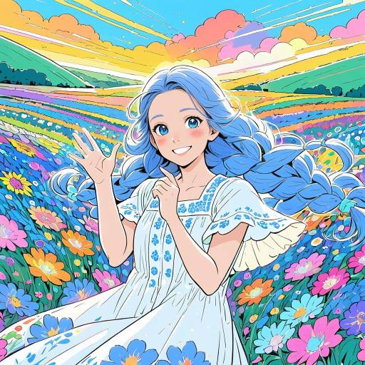 Radiant Anime Woman in Vibrant Countryside