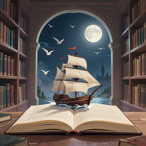 Illustration of a detailed, sailing ship with white sails on an open book, set in a moonlit library with flying birds.