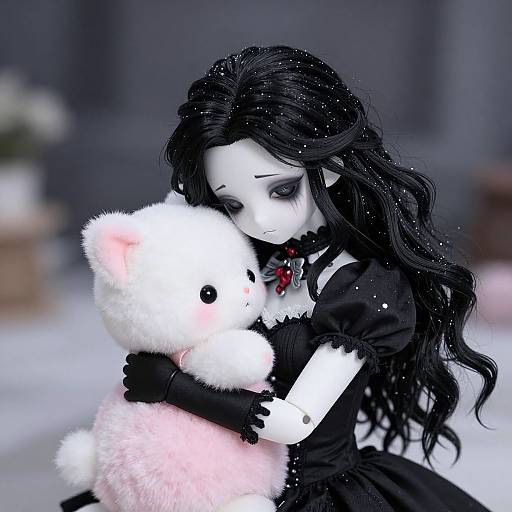 Digital artwork of a pale, black-haired doll with dark eyes, hugging a white, pink-tipped stuffed bear in a black gothic dress.