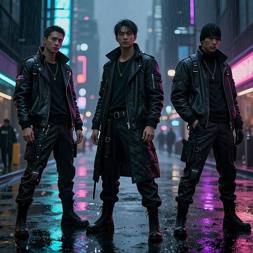 Photograph-style digital artwork: Three dark-haired, intense men in black leather jackets and pants, standing on a neon-lit, rain-soaked city