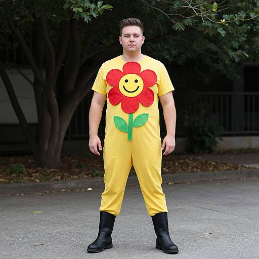 Photograph of a man standing outdoors in a yellow onesie with a large red flower and smiley face, black boots, and short brown hair,