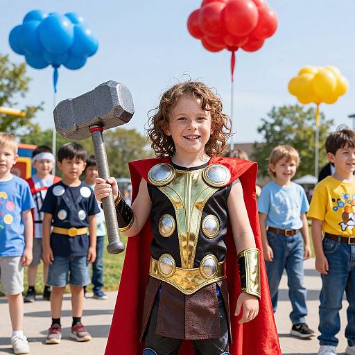 Photograph of a curly-haired boy in a superhero costume with a gold chest plate and red cape, holding a hammer, smiling outdoors with balloons and other