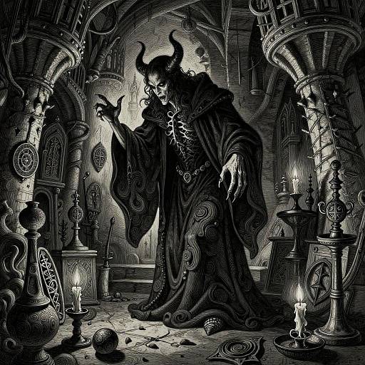 Black-and-white illustration of a horned, dark-robed figure casting a spell in a gothic, candlelit chamber with ornate arches and