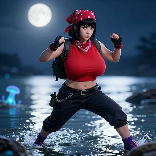 Digital art: Anime-style woman with large breasts, red bandana, red crop top, black pants, fingerless gloves, wading in moonlit