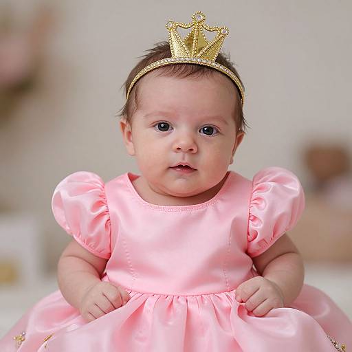 Photograph of a baby with fair skin, wearing a pink puffed-sleeve dress and a gold glittery crown, sitting against a blurred beige