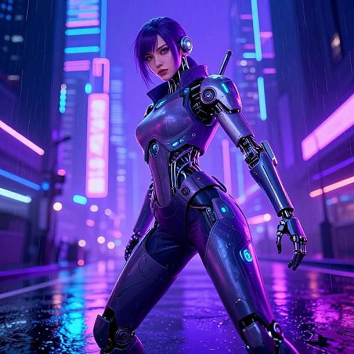 Cyberpunk-style CGI image of a female android with sleek, metallic black armor, neon lights, and wet city street background.