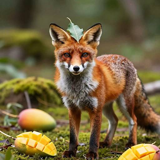 Red Fox Standing with Leaf on Head in Forest