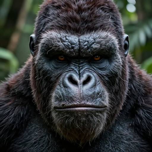 Photorealistic close-up of a mountain gorilla with dark fur, intense orange eyes, and wrinkled, textured black face, set against a blurred