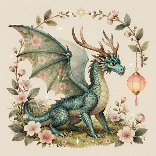 Vintage Fairy Dragon in Enchanted Blossoms