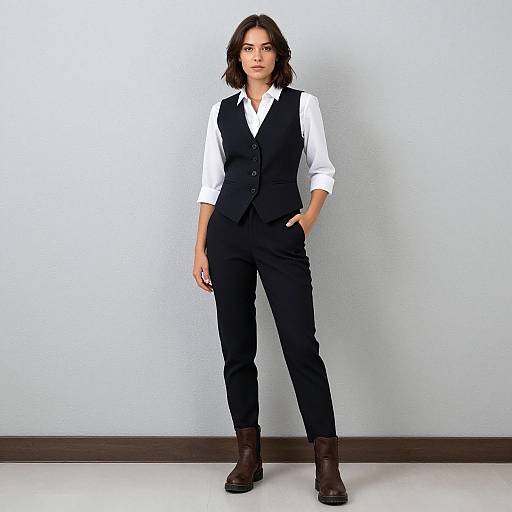 Photograph of a confident woman with shoulder-length brown hair, wearing a white shirt, black vest, and pants, brown boots, standing against a plain