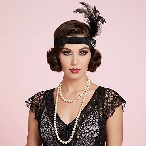 Vintage-style photograph of a woman with short, wavy brown hair, wearing a black lace dress, pearl necklace, black headband with feather, and