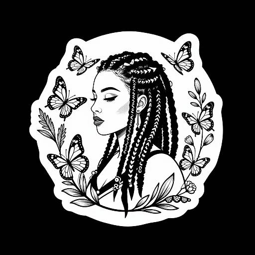 Black and white digital drawing of a woman with braided hair, surrounded by butterflies, set against a white circular background.