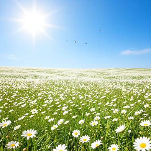 Photograph of a vast, sunlit field filled with white daisies and green grass, under a bright blue sky with a few birds flying.