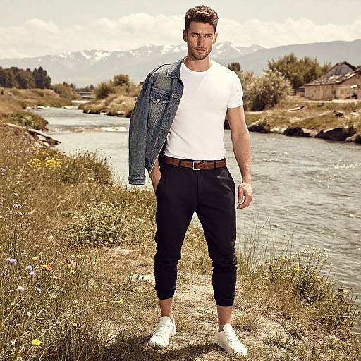 Photograph of a handsome, bearded man in a white t-shirt, black pants, white sneakers, and denim jacket, standing by a riverside