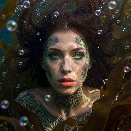 Photograph of a tattooed woman with green eyes and dark wavy hair, underwater surrounded by bubbles, with leafy foliage in the foreground.