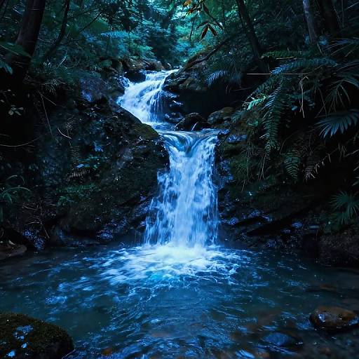 Photograph of a luminous, turquoise waterfall cascading between dark, moss-covered rocks in a dense, shadowy forest with vibrant green foliage.