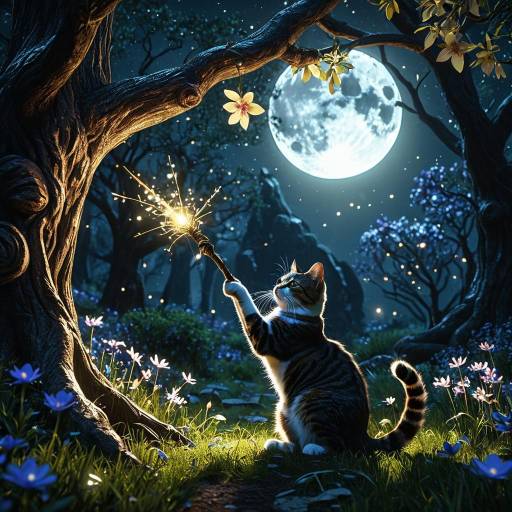 Magical Cat Defending Sacred Tree at Moonlight