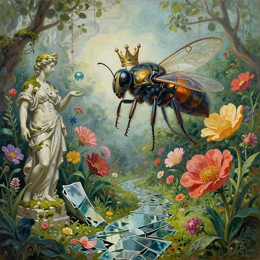 Surreal Giant Insect in Vibrant Garden