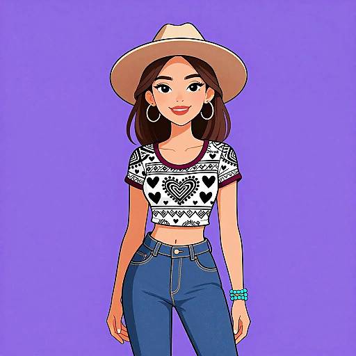 Digital drawing of a stylish woman with medium skin, brown hair, wearing a beige hat, white crop top, blue jeans, hoop earrings, and blue