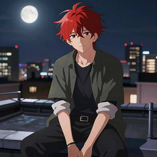 Anime-style digital illustration of a red-haired young man with tousled hair, wearing a dark green shirt and black pants, sitting on a rooftop at night