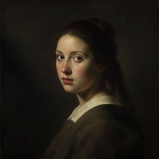 Baroque-style portrait of a young woman with fair skin, dark hair, and red lips, wearing a white collar, against a dark background.