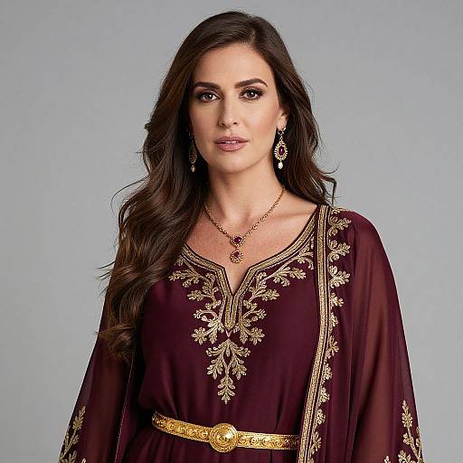 Elegant Woman in Embroidered Maroon Dress
