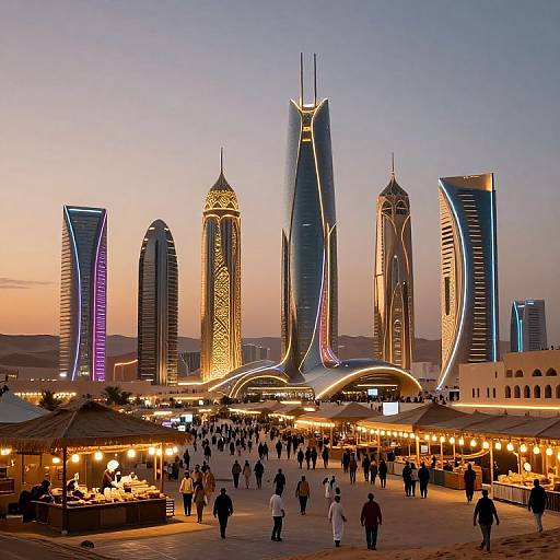 Photograph of a bustling evening market in front of Dubai's futuristic skyline, featuring illuminated, sleek skyscrapers under a twilight sky.