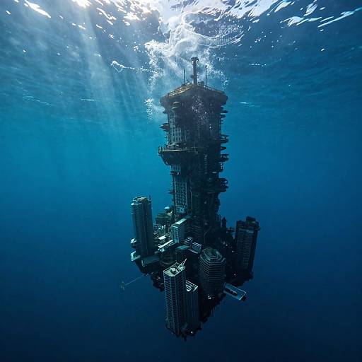 Photograph of an underwater cityscape with tall, clustered skyscrapers surrounded by deep blue water, sunlight filtering from above.
