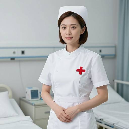 Photograph of an Asian female nurse with short brown hair, wearing a white uniform and cap, standing in a bright, sterile hospital room.