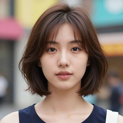 Photograph of a young Asian woman with short, dark brown hair, fair skin, and neutral expression, wearing a black and white top, blurred city