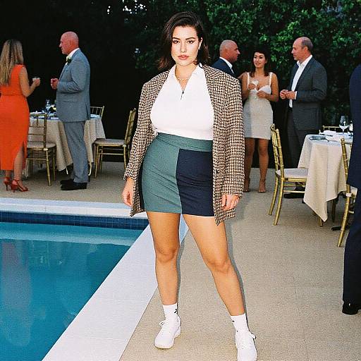 Photograph of a confident woman with dark hair, wearing a white blouse, black-and-white checkered jacket, high-waisted black-and-teal