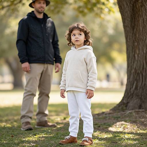Photograph of a young boy with curly brown hair in a white hoodie and pants, standing on grass, looking up, with a bearded man in