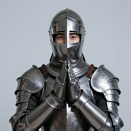 Photograph of a person in shiny, reflective medieval-style silver armor with a metal helmet, hands clasped in front, eyes visible through visor,
