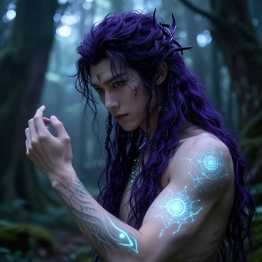 Digital art of a handsome, tattooed, dark-haired man with glowing blue symbols on his arm, standing in a mystical forest.