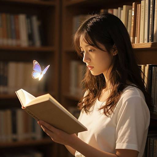 Photograph of a young woman with long brown hair, in a white shirt, reading a book while a glowing blue butterfly hovers nearby, in a